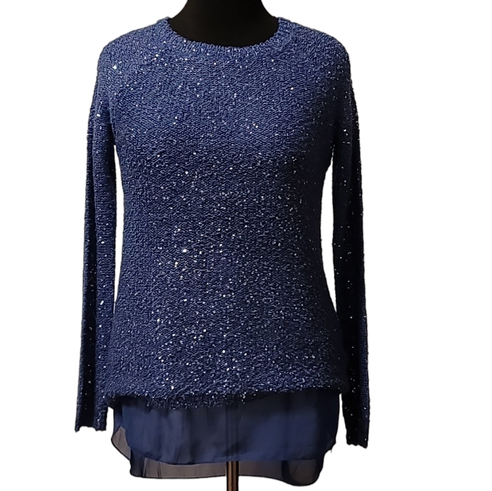 Women's Sequin Sweater w/Sheer High-Low Hem, Blue, Sz L